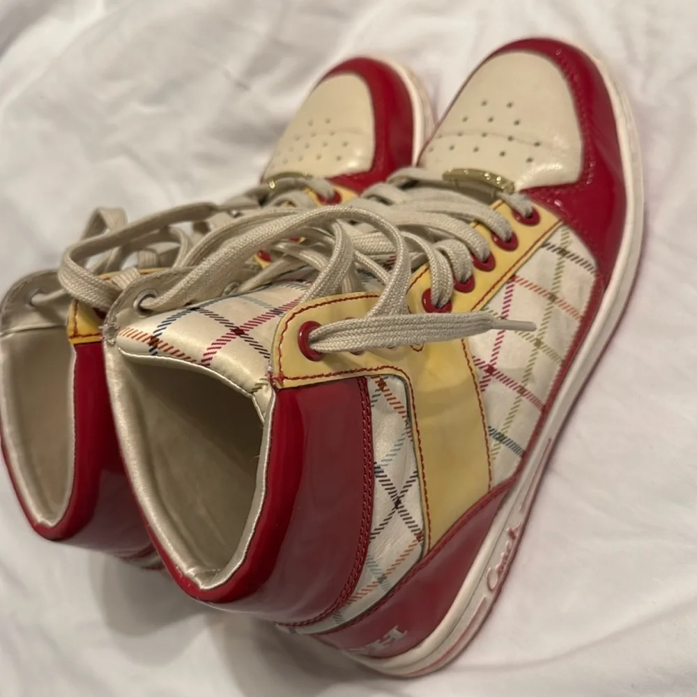 Coach Nora Tattersall 7.5 Pink Raspberry and Yellow Plaid Vegan Leather High Top